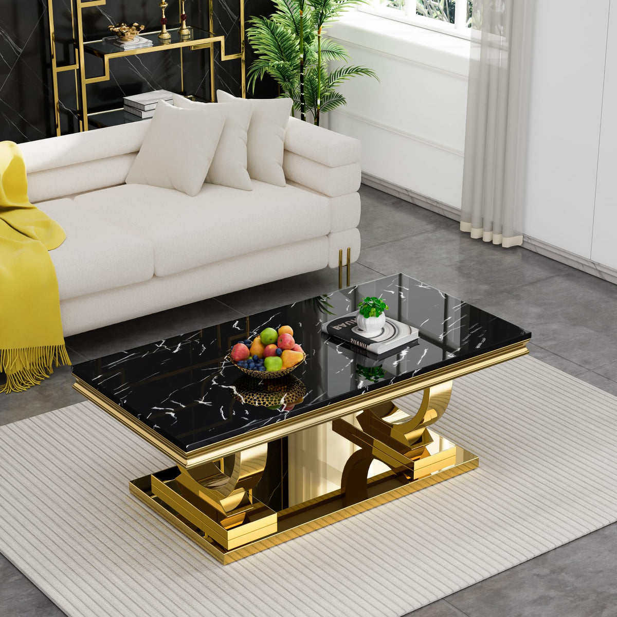 47" Black Faux Marble Coffee Table with Gold Pedestal Base S643