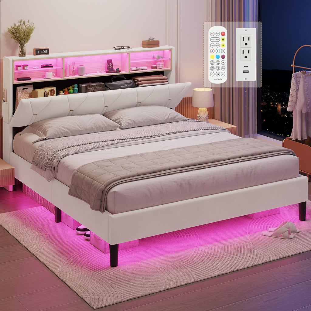 Full Size Bed Frame with Storage Headboard and LED Lights K2174