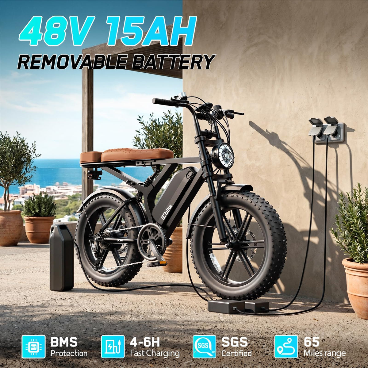 Electric Bike 48V 15 Ah Battery 2000W Peak Motor 28MPH T103