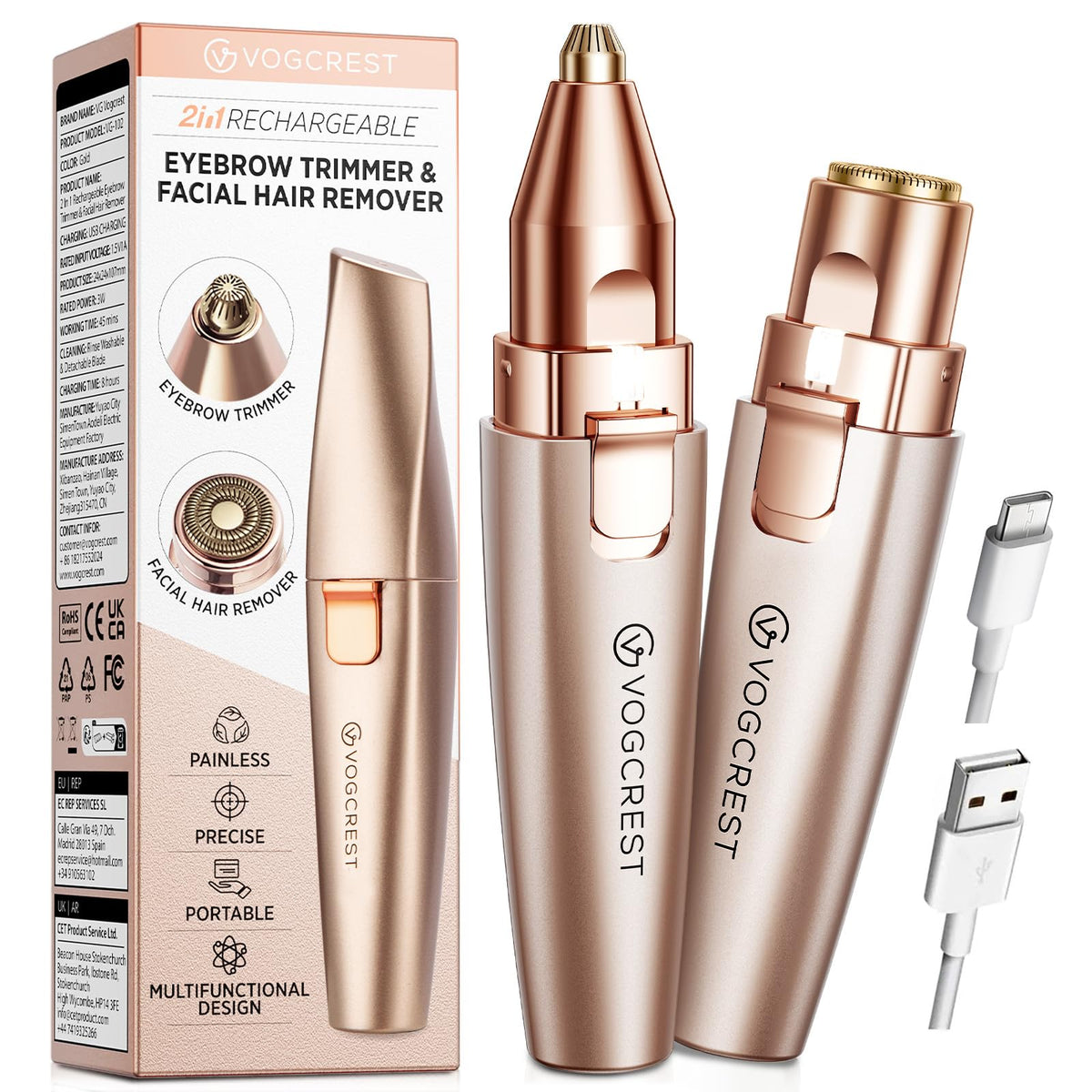2 in 1 Rechargeable Eyebrow & Facial Trimmer with LED Light K475901