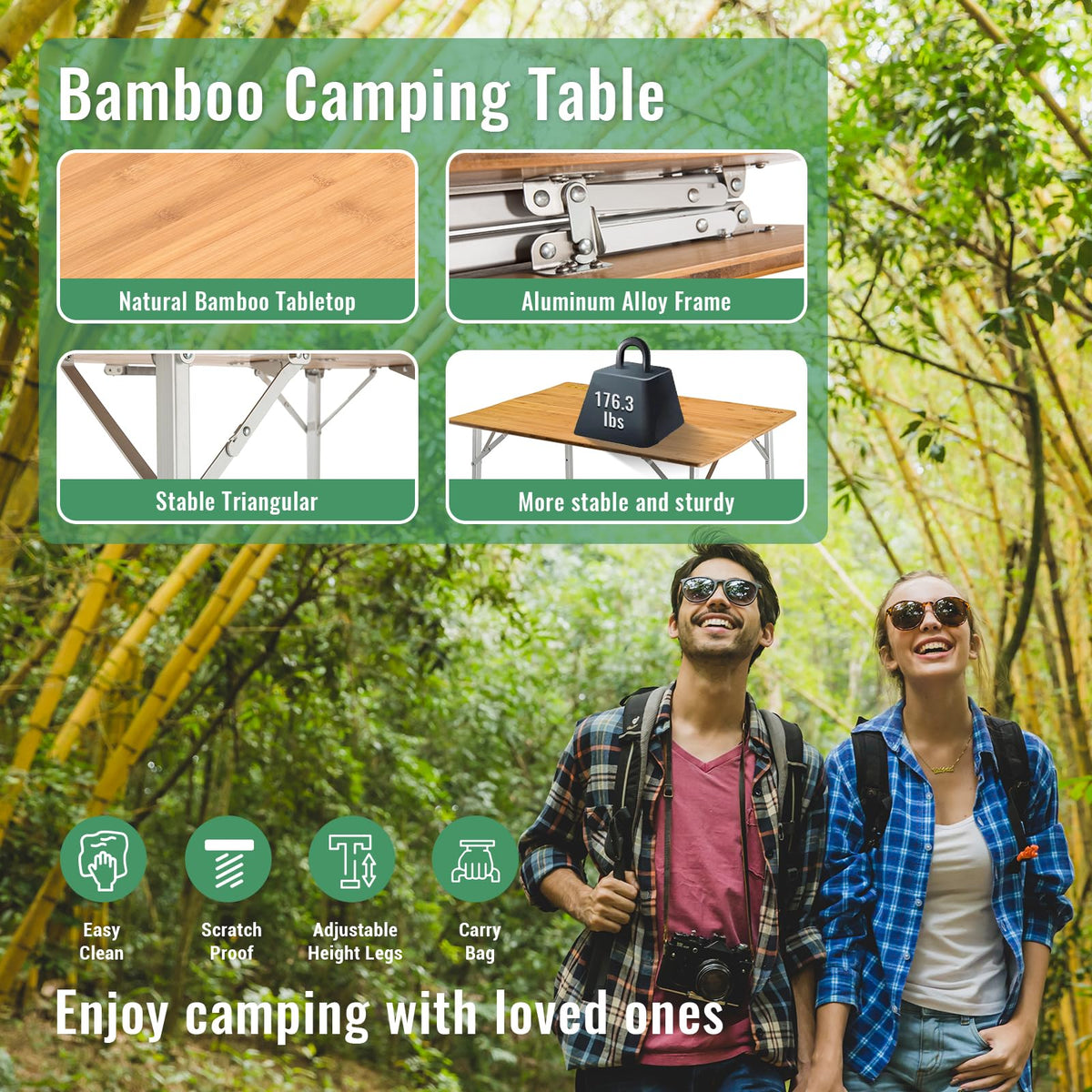 Folding Camping Table Bamboo Adjustable Portable Table D1374