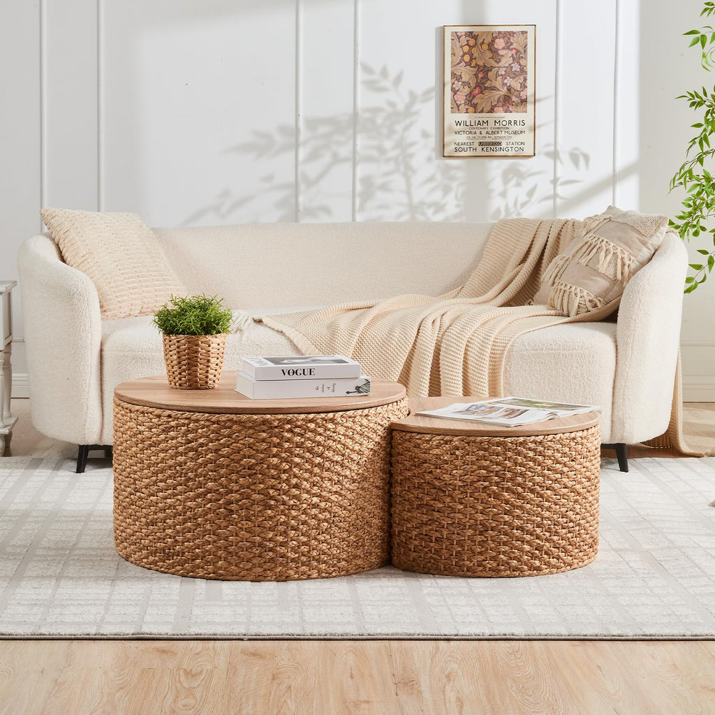 Round Nesting Coffee Table Set of 2 with Storage Wicker Rattan Wood Frame V8972