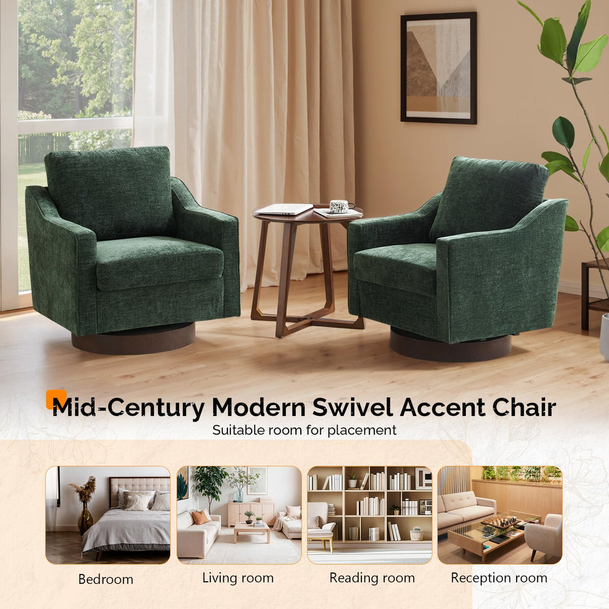 Chenille Green Swivel Accent Chairs Set of 2 T553
