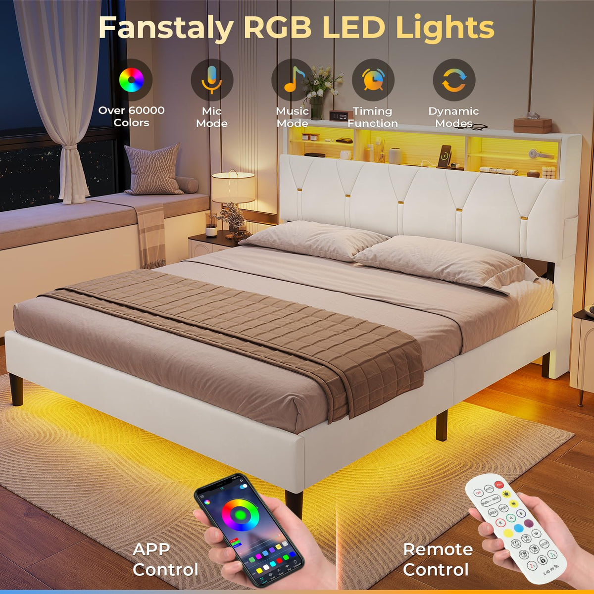 Full Size Bed Frame with Storage Headboard and LED Lights K2174