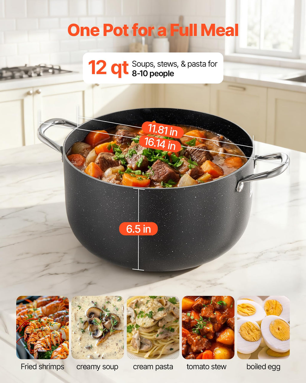12-Quart Nonstick Ceramic Aluminum Stock Pot with Glass Lid V6446