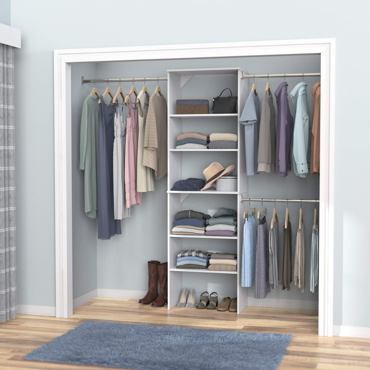 Wood Closet Organizer System with Tower and 3 Hang Rods and Shelving K480