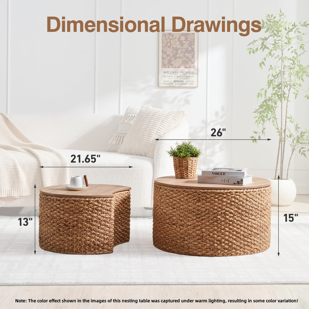 Round Nesting Coffee Table Set of 2 with Storage Wicker Rattan Wood Frame V8972