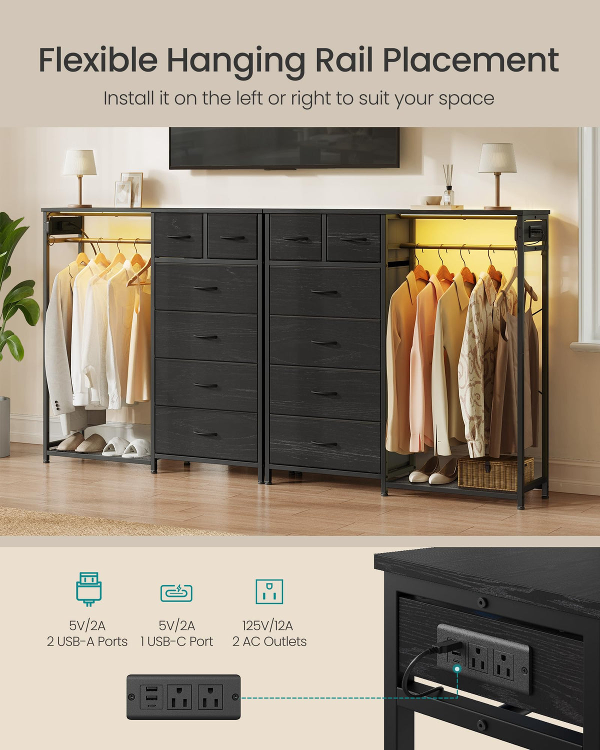Dresser with Hanging Rod, Closet Organizer with 6 Fabric Drawers O83360
