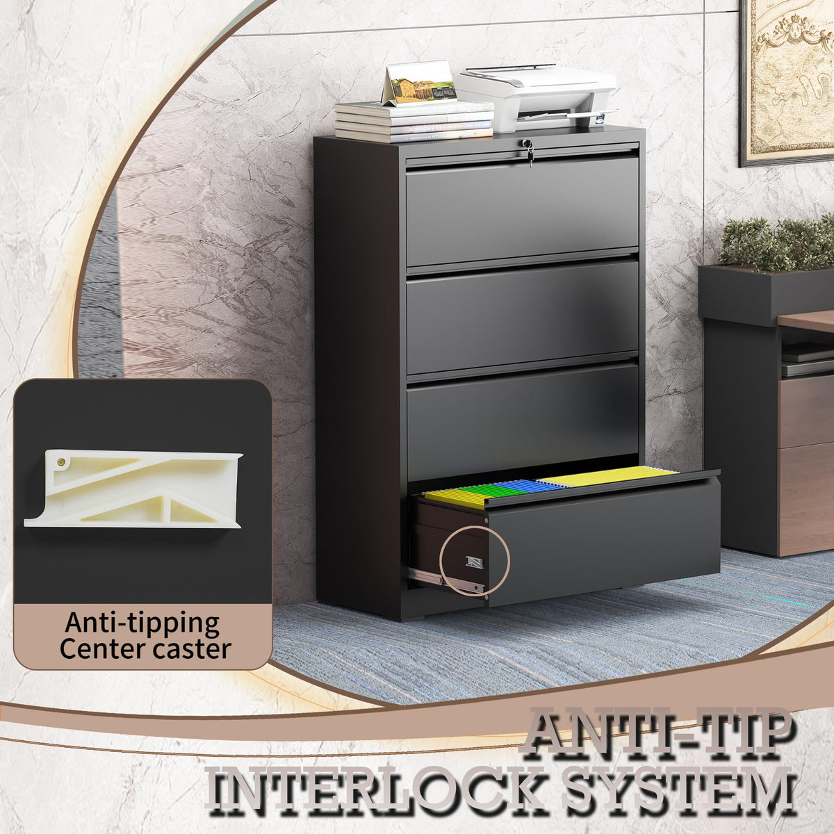 Black 4 Drawer Lateral File Cabinet with Lock C899