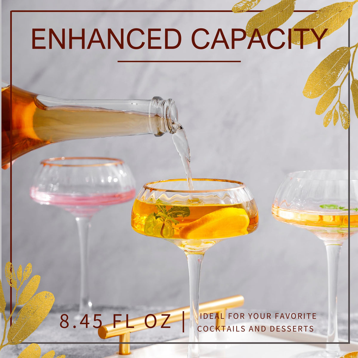 Coupe Glasses Set of 4 Hand Blown 8.45 oz Gold Rim L79495