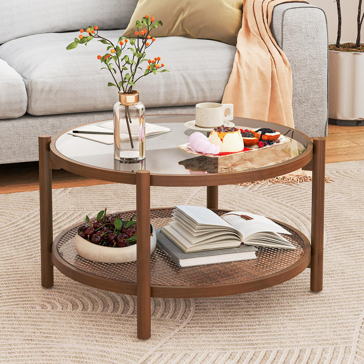 Rattan Round Glass Coffee Table with Storage Shelf U184