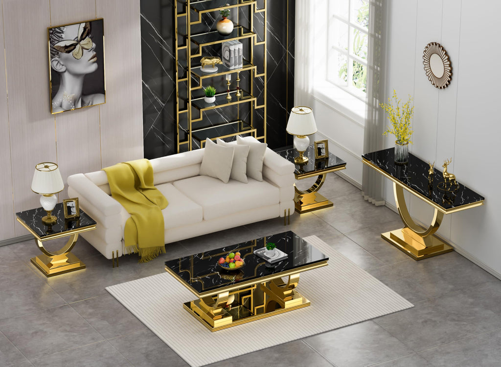 47" Black Faux Marble Coffee Table with Gold Pedestal Base S643
