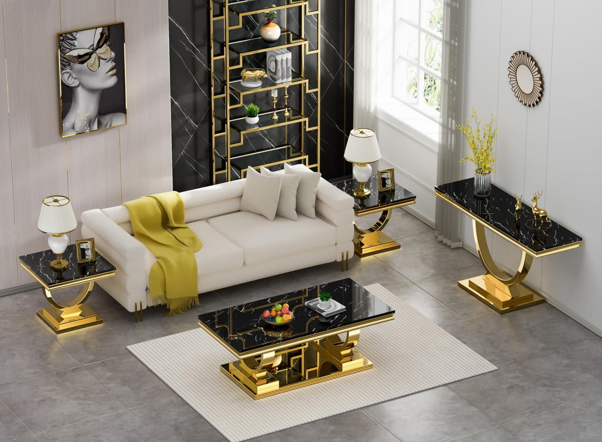 47" Black Faux Marble Coffee Table with Gold Pedestal Base S643