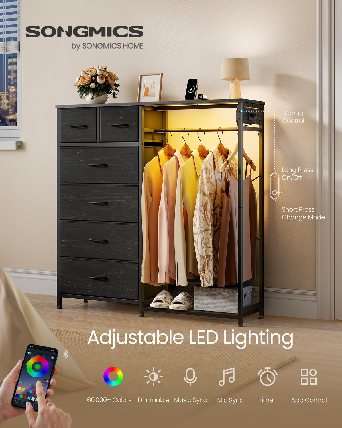 Dresser with Hanging Rod, Closet Organizer with 6 Fabric Drawers O83360