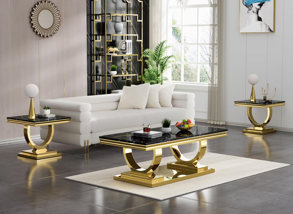 47" Black Faux Marble Coffee Table with Gold Pedestal Base S643