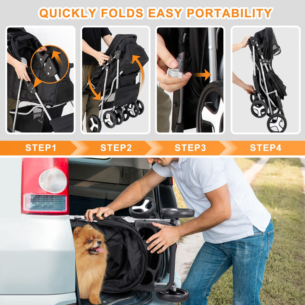 4 Wheels Foldable Pet Stroller with Storage Basket and Cup Holder R950032