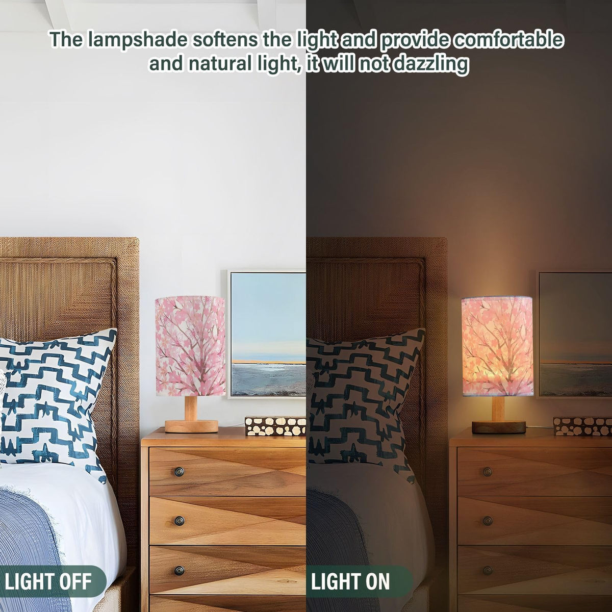 Pink Cherry Blossom Table Lamp with Wood Base Fabric Shade F93817