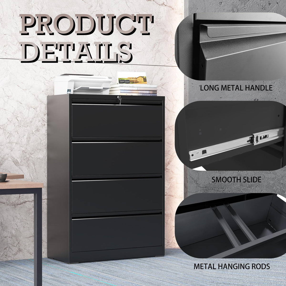 Black 4 Drawer Lateral File Cabinet with Lock C899
