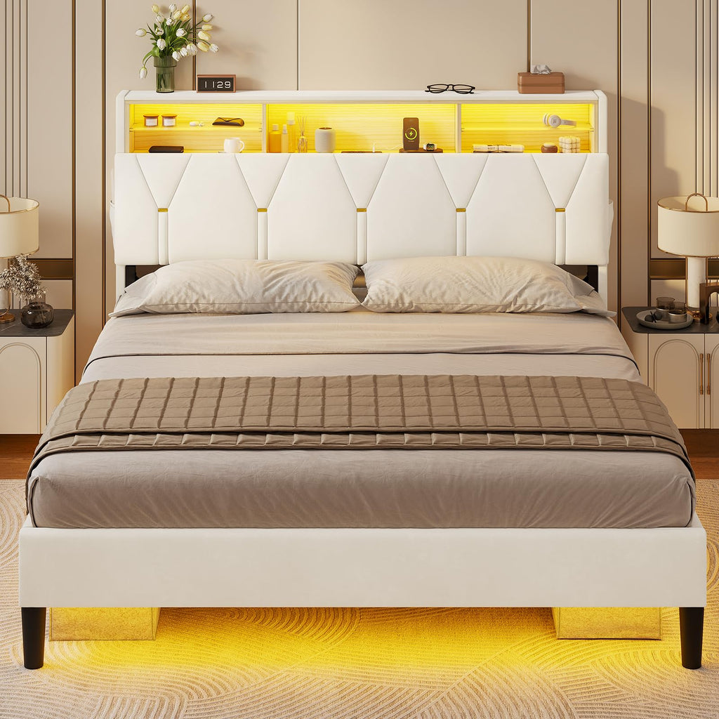 Full Size Bed Frame with Storage Headboard and LED Lights K2174