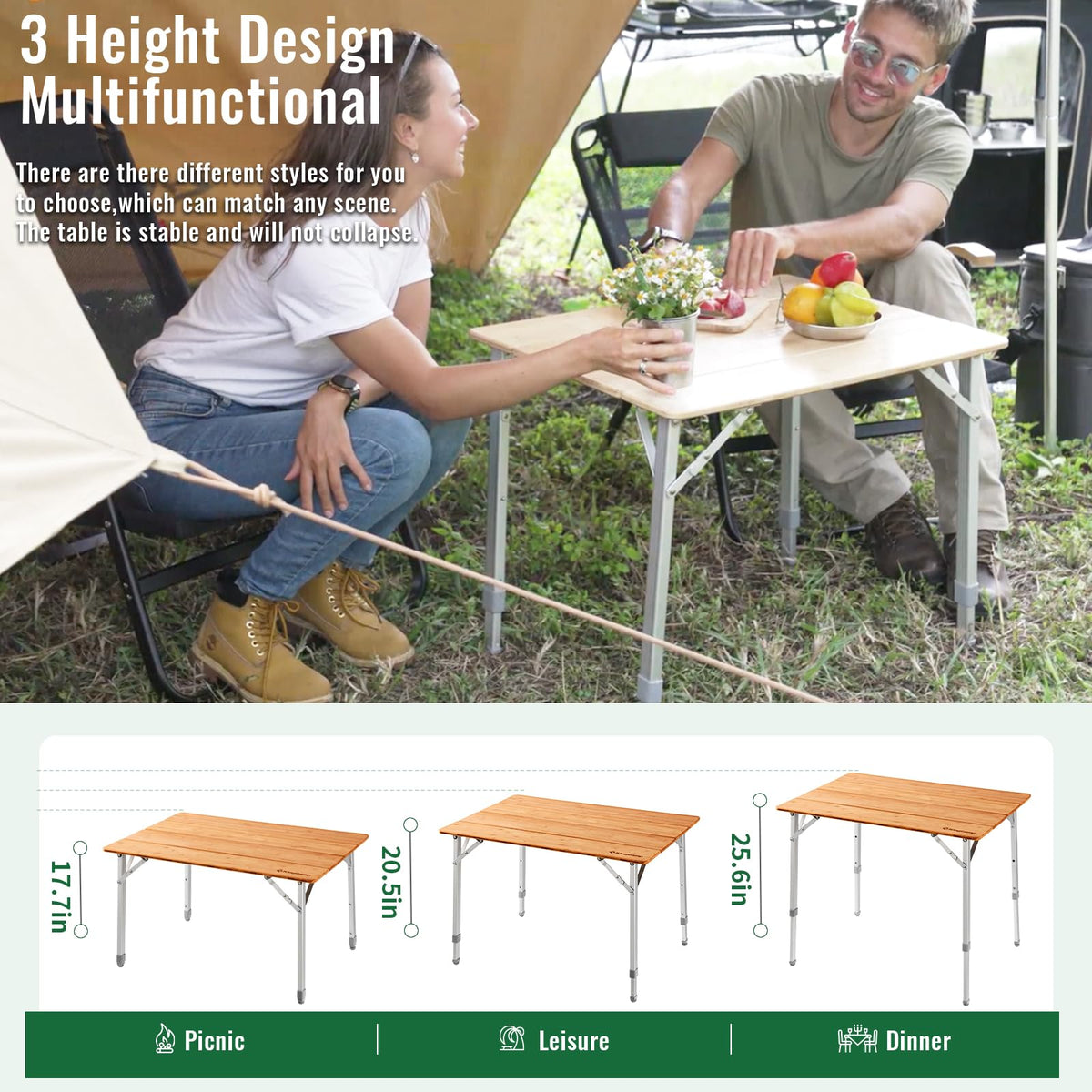 Folding Camping Table Bamboo Adjustable Portable Table D1374