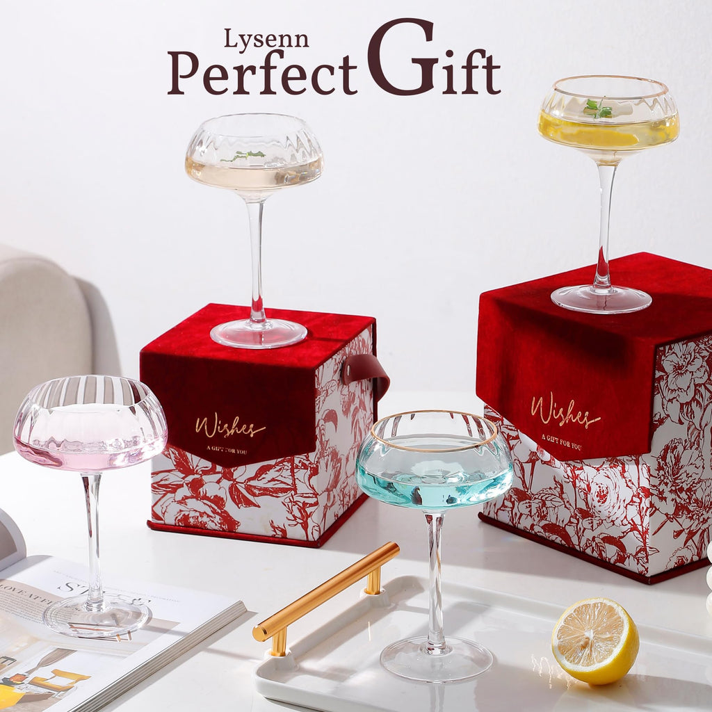 Coupe Glasses Set of 4 Hand Blown 8.45 oz Gold Rim L79495