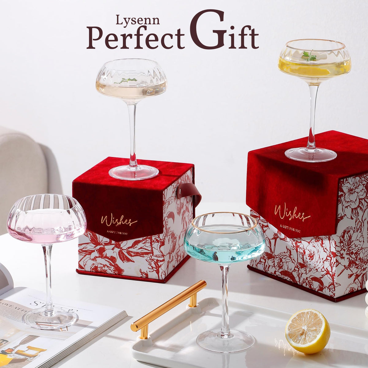 Coupe Glasses Set of 4 Hand Blown 8.45 oz Gold Rim L79495