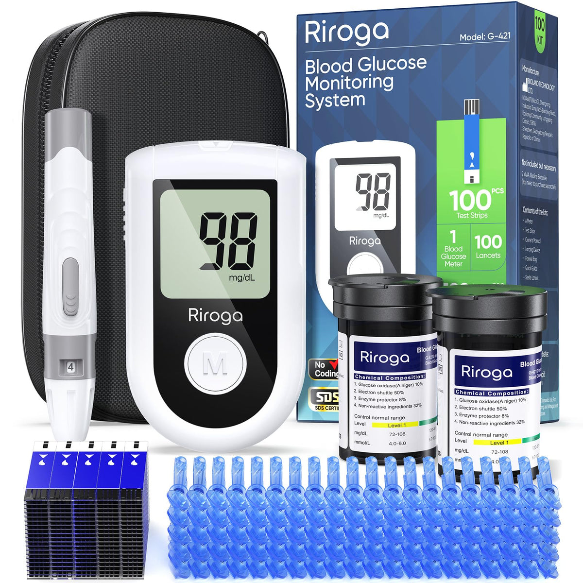 Blood Glucose Monitor Kit with 100 Strips, 100 Lancets, Lancing Device, No Coding L783629