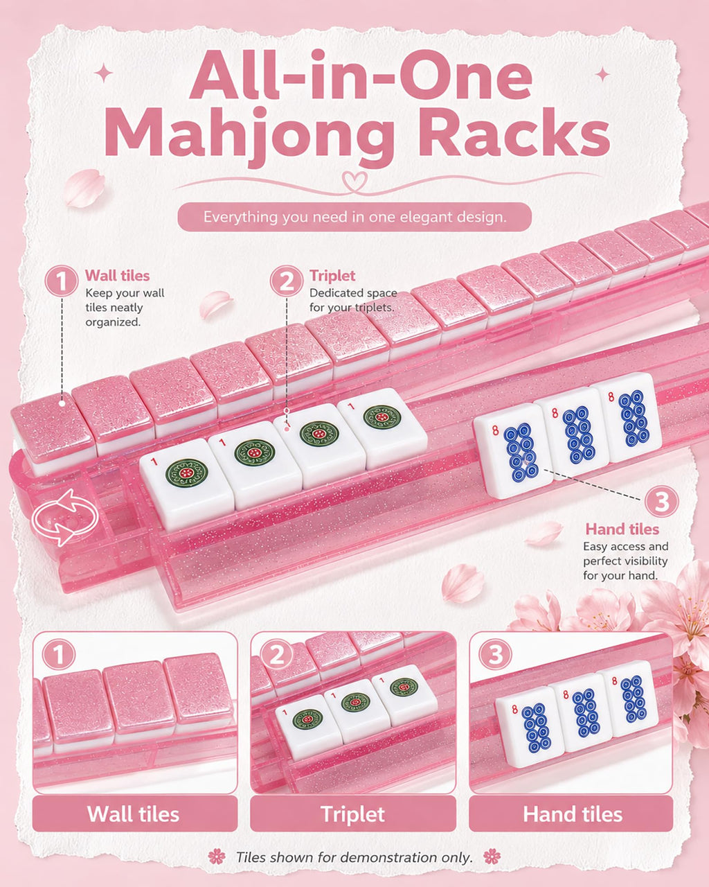 Pink Glitter Acrylic Mahjong Racks with Pushers Set of 4 C42829