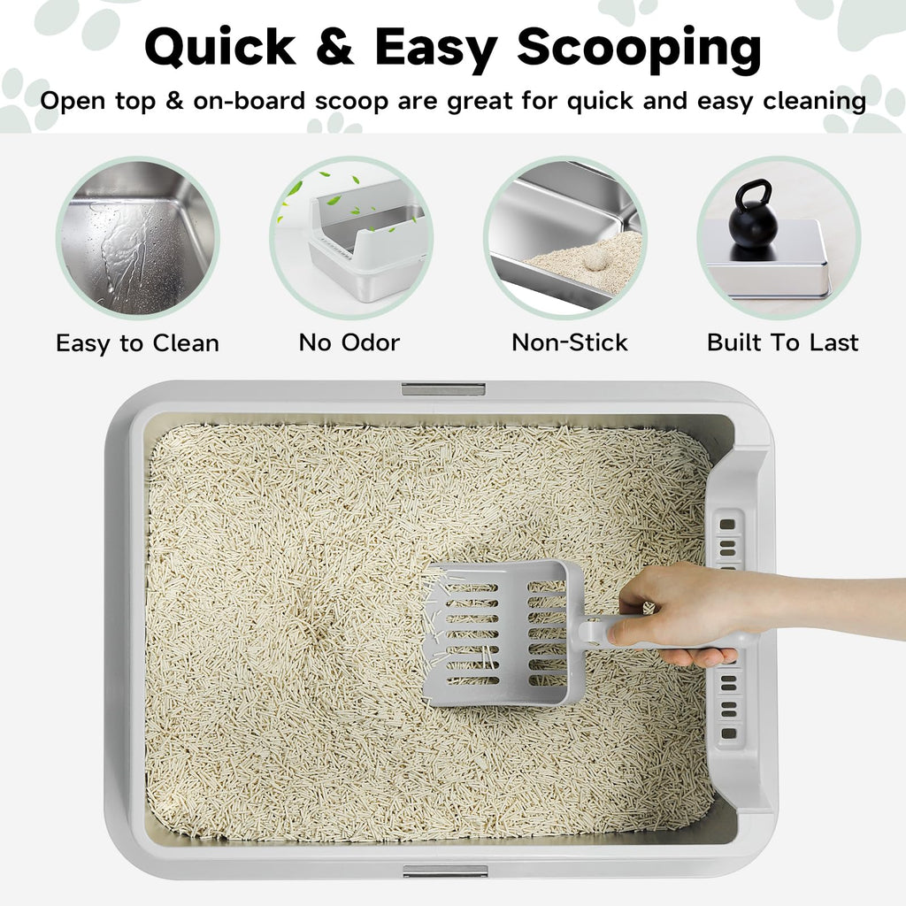 Stainless Steel Cat Litter Box with High Sides, Litter Mat, Scoop I38070