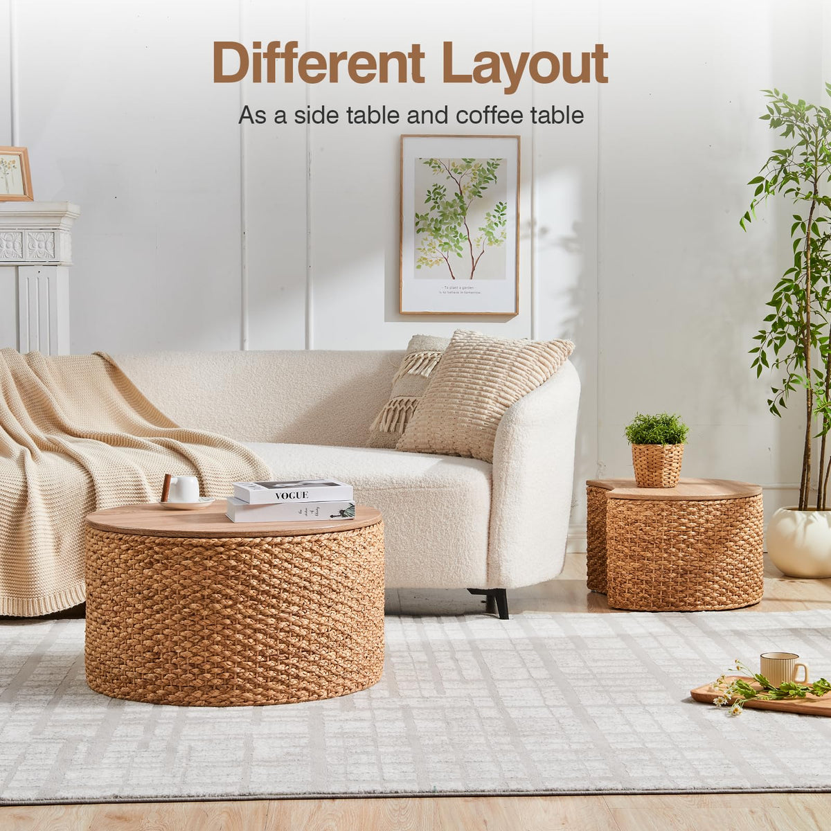 Round Nesting Coffee Table Set of 2 with Storage Wicker Rattan Wood Frame V8972