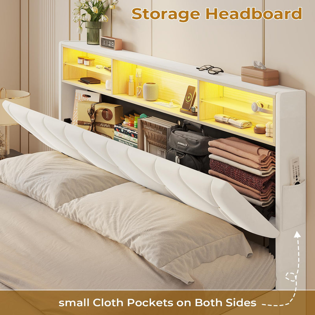 Full Size Bed Frame with Storage Headboard and LED Lights K2174