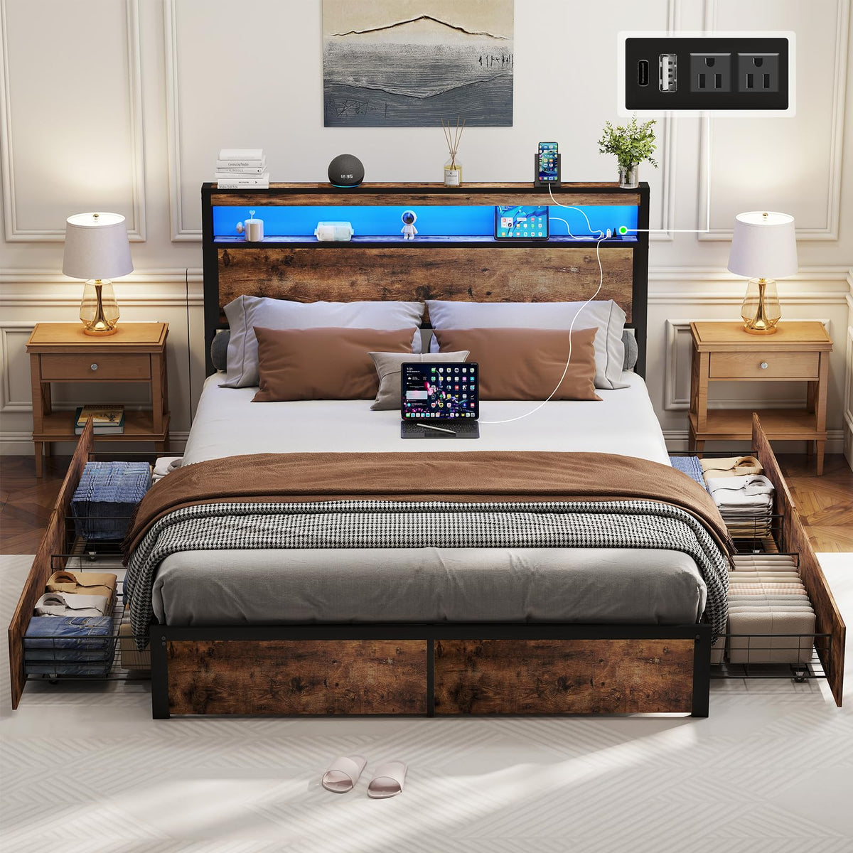 Queen Size Bed Frame with 4 Storage Drawers W13662