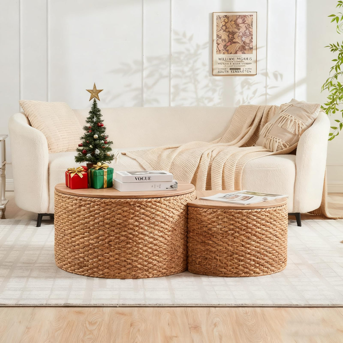 Round Nesting Coffee Table Set of 2 with Storage Wicker Rattan Wood Frame V8972