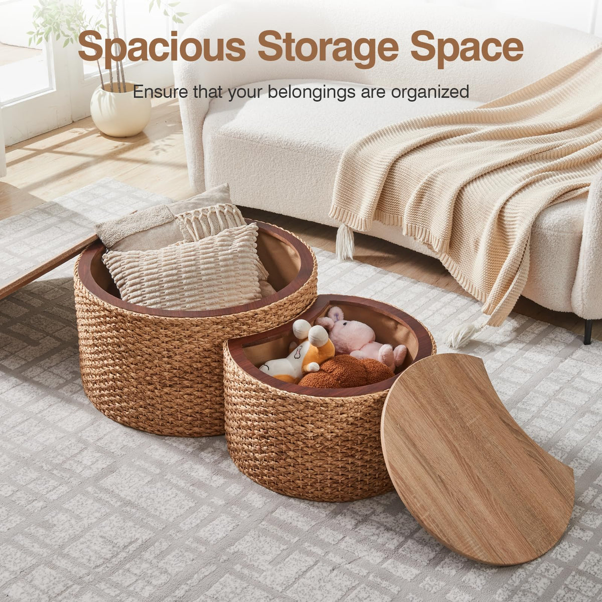 Round Nesting Coffee Table Set of 2 with Storage Wicker Rattan Wood Frame V8972