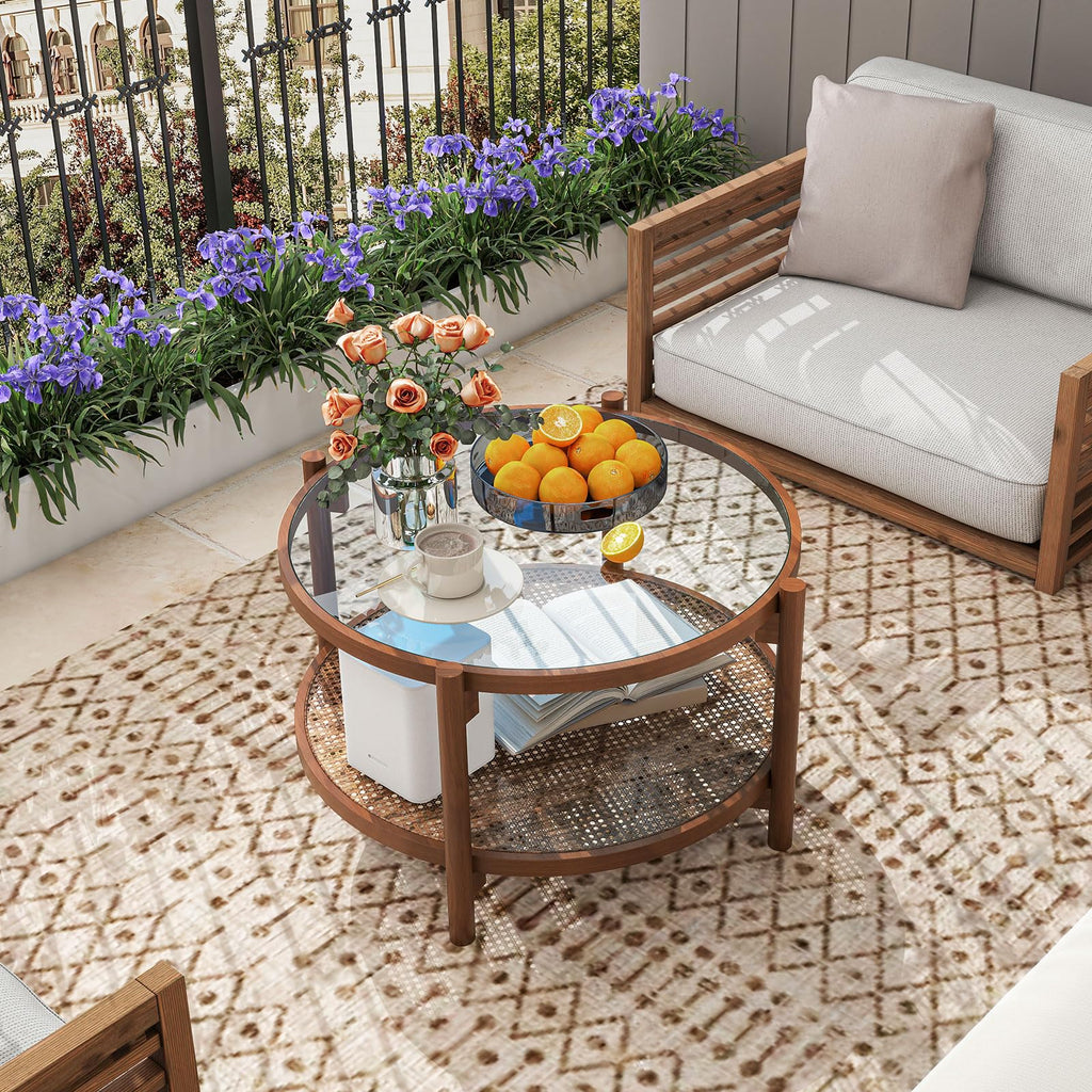 Rattan Round Glass Coffee Table with Storage Shelf U184
