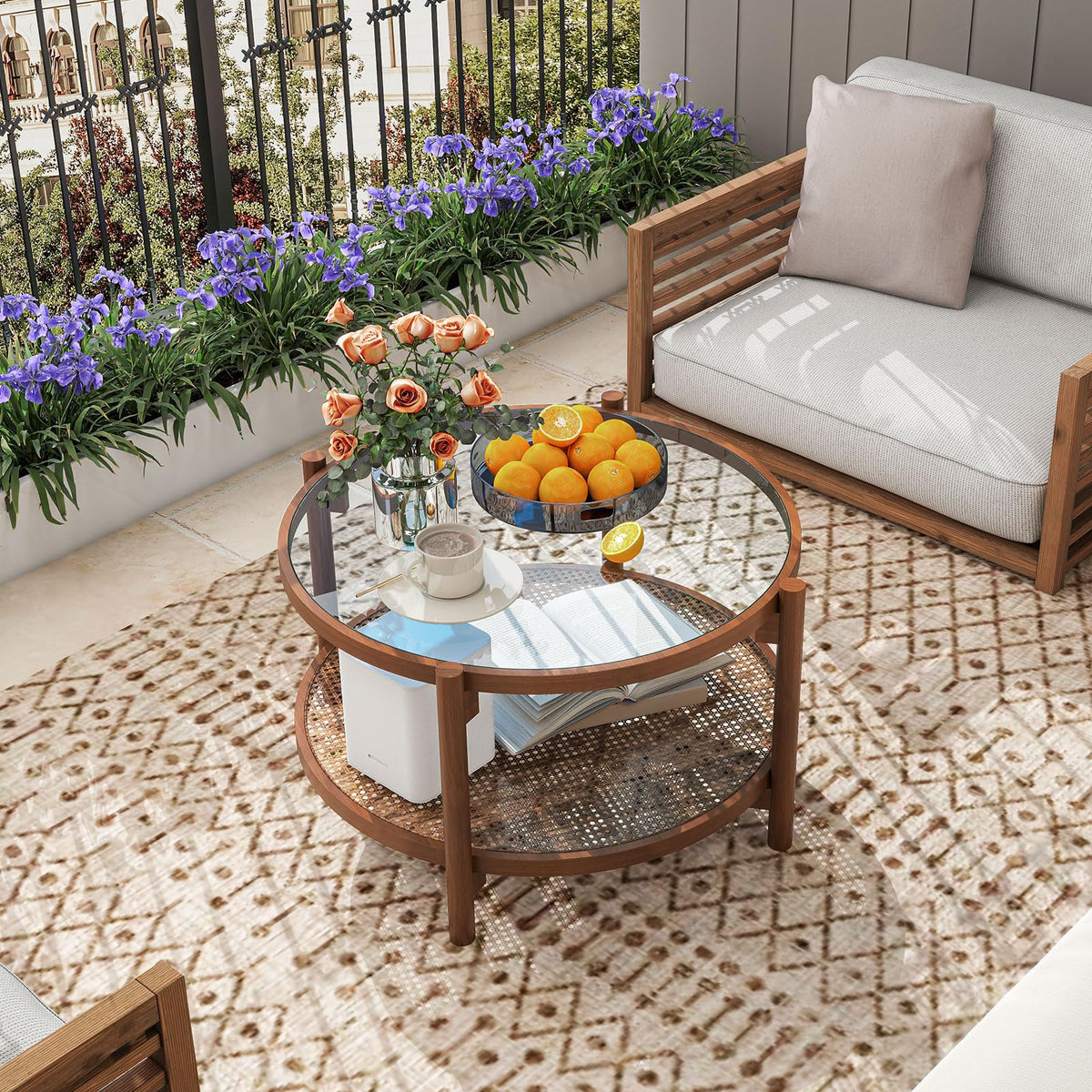Rattan Round Glass Coffee Table with Storage Shelf U184
