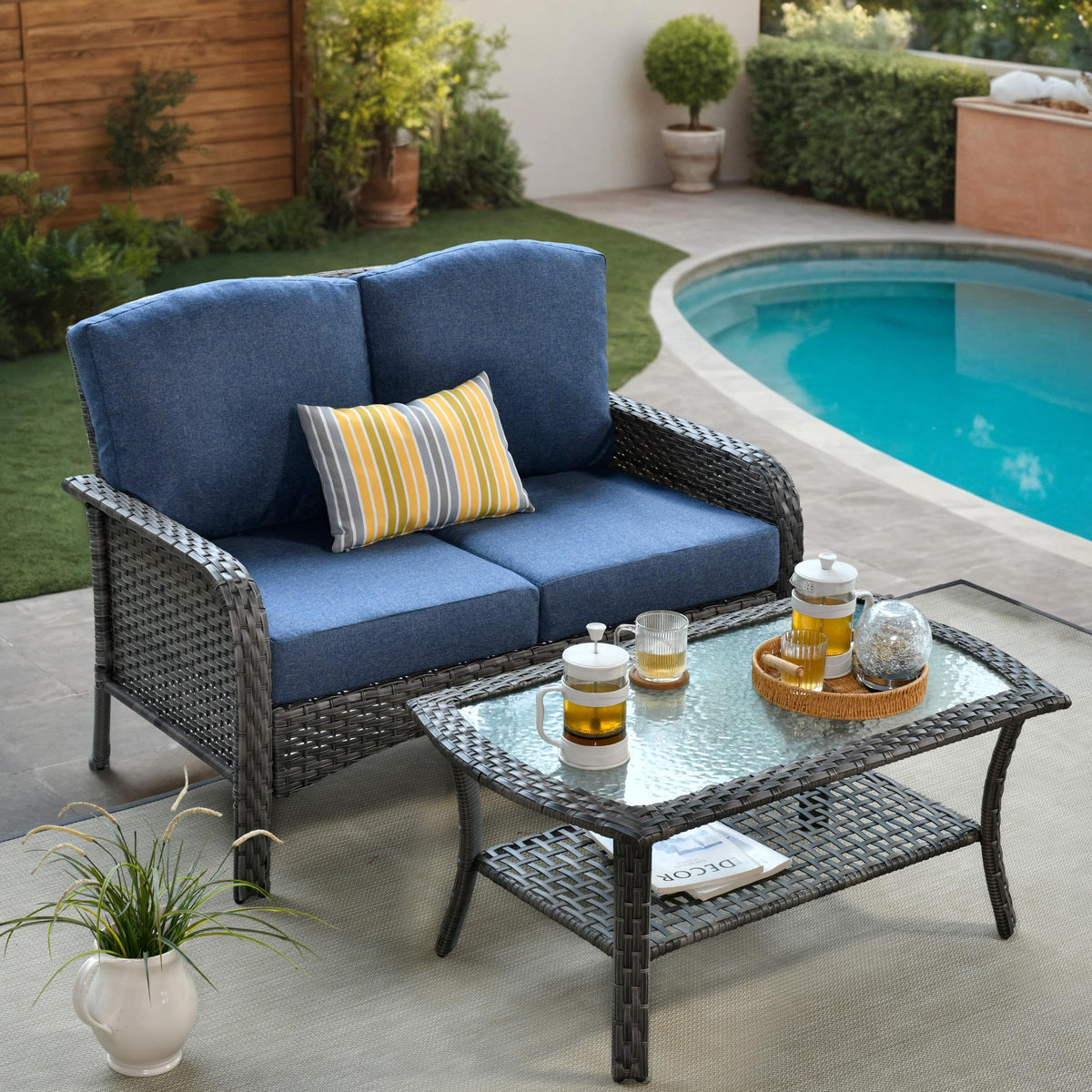 2 Pieces Blue Wicker Patio Bistro Set N2237