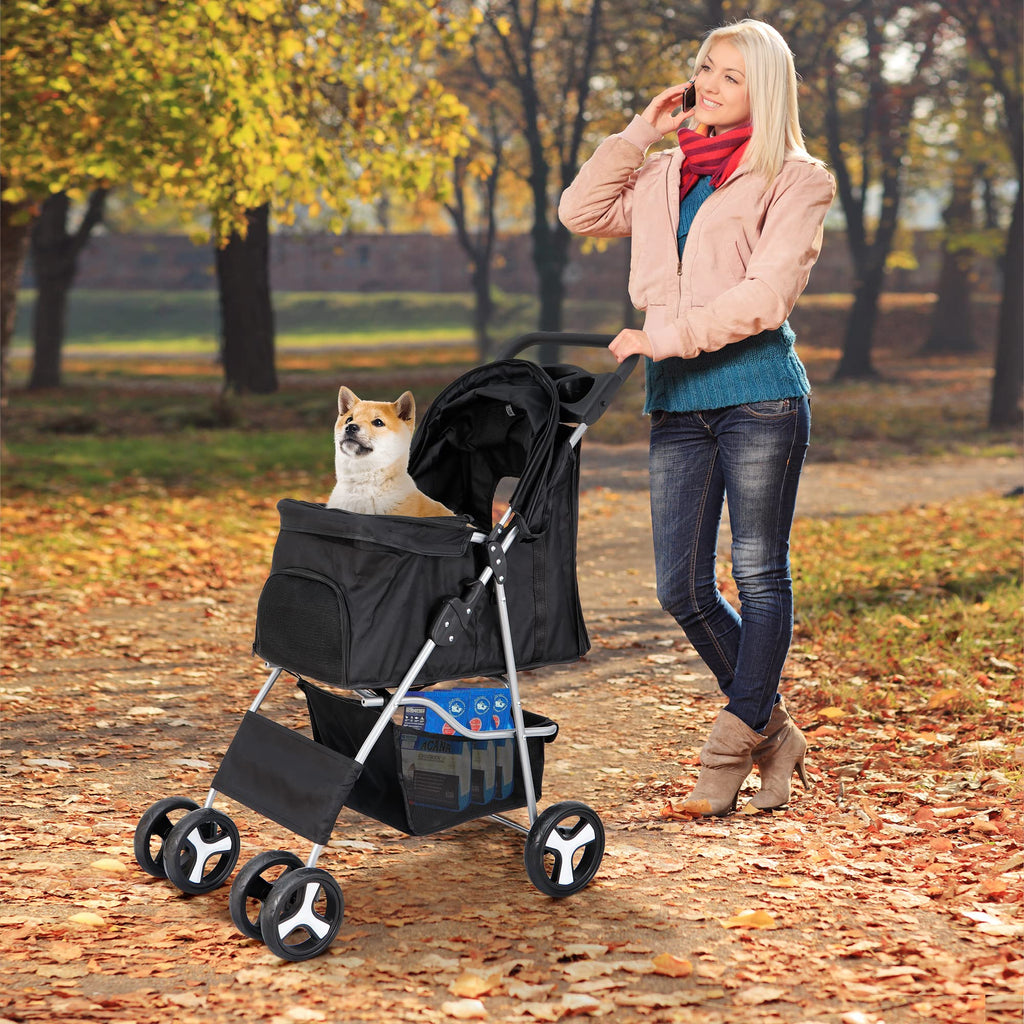 4 Wheels Foldable Pet Stroller with Storage Basket and Cup Holder R950032