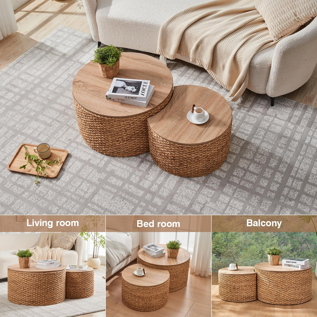 Round Nesting Coffee Table Set of 2 with Storage Wicker Rattan Wood Frame V8972