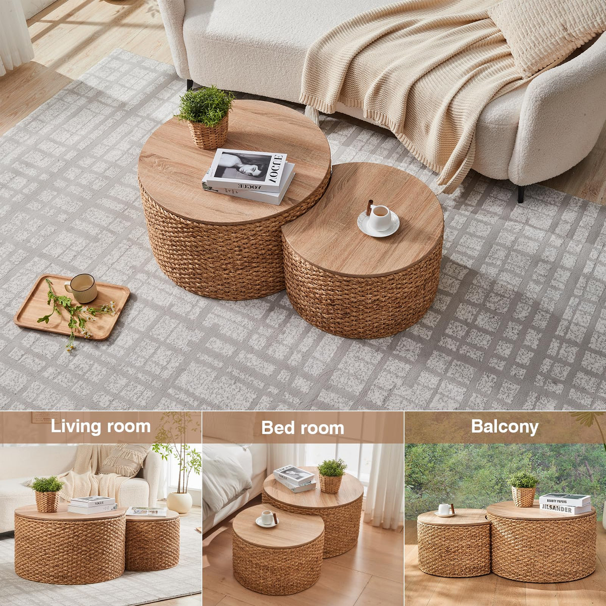 Round Nesting Coffee Table Set of 2 with Storage Wicker Rattan Wood Frame V8972